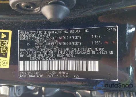 2018 Toyota Highlander Le Plus из США, поврежденный, VIN 5TDZZRFH5JS282679